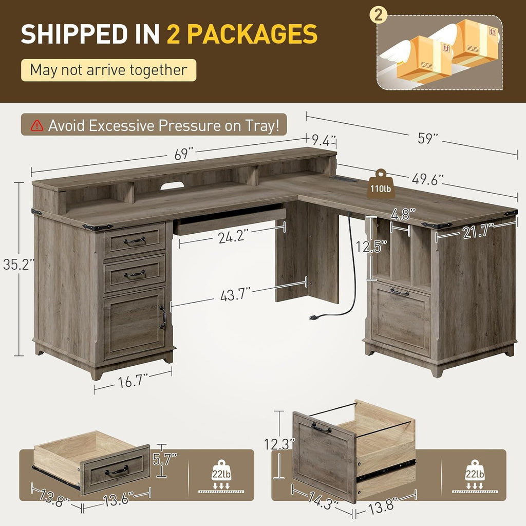 RALGEND 2 Pack Farmhouse 69' Executive L Shaped Desk with Drawer, Home Office Desk with Charging Station, Corner Computer Desk with Monitor Stand,Drawer,Storage Cabinet, Greige