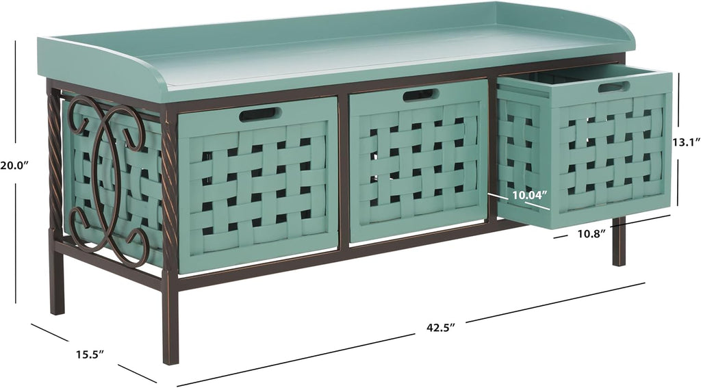 SAFAVIEH Home Collection – Isaac Dusty Green Wooden Storage Bench with Drawers, Entryway & Mudroom Seating, Iron Frame Design, Fully Assembled (AMH6530B)