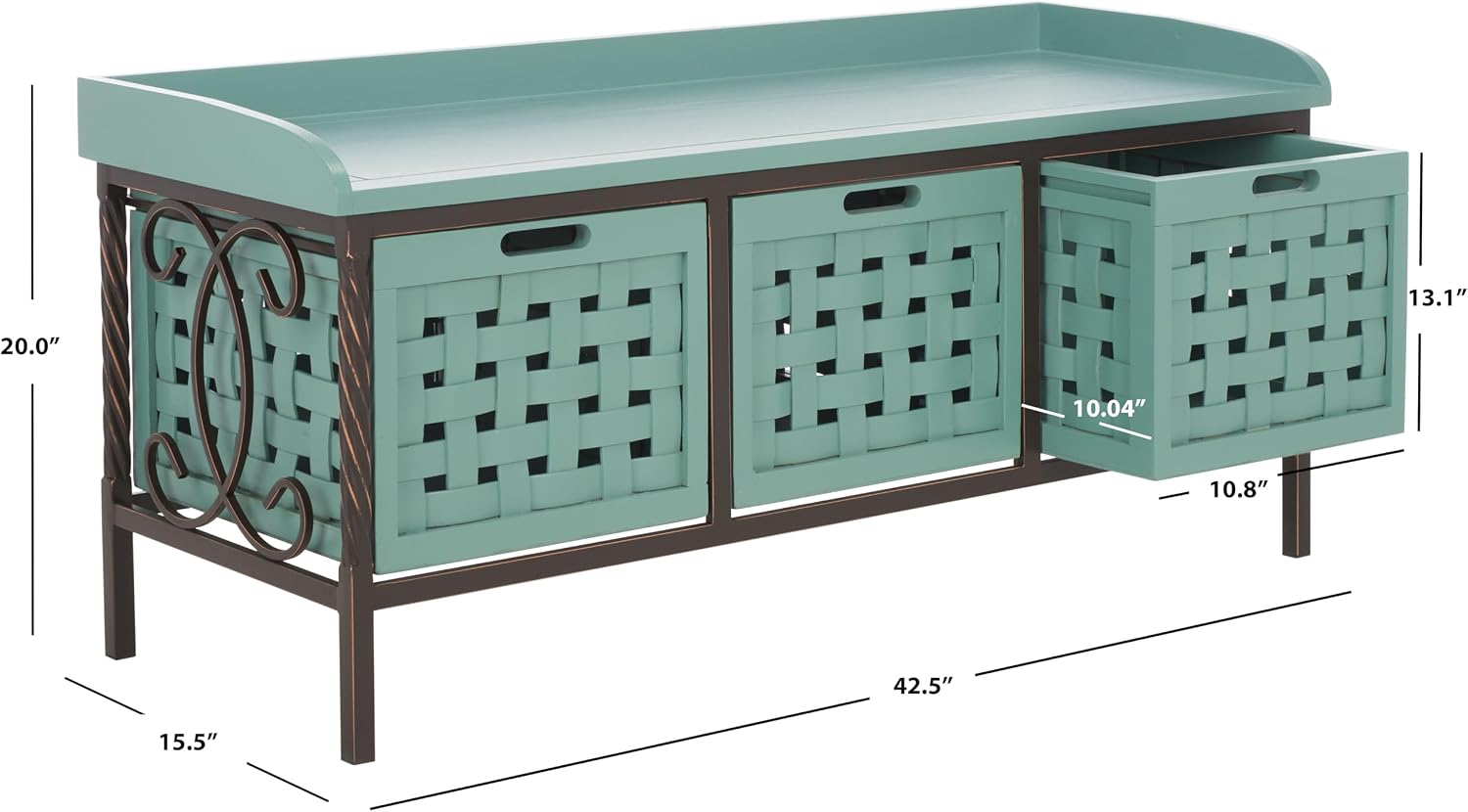 SAFAVIEH Home Collection – Isaac Dusty Green Wooden Storage Bench with Drawers, Entryway & Mudroom Seating, Iron Frame Design, Fully Assembled (AMH6530B)