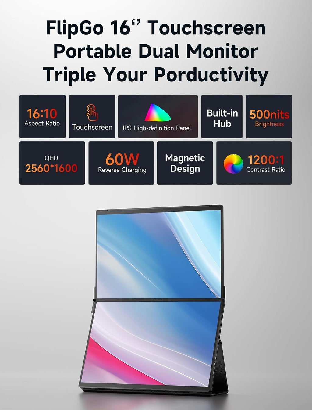 JSAUX FlipGo Touchscreen 16' 2.5K Dual Screen Portable Monitor & VESA Adapter