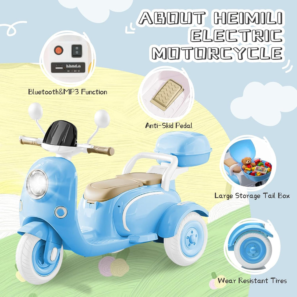 HEIMILI 12V 2-Seater Ride on Motorcycle for Kids, 3 Wheel Electric Motorbike with Dual 25W Motors, Toddler Moped Scooter with Bluetooth Music, Battery Powered Toy for Girls Boys 3-6 Years, Blue
