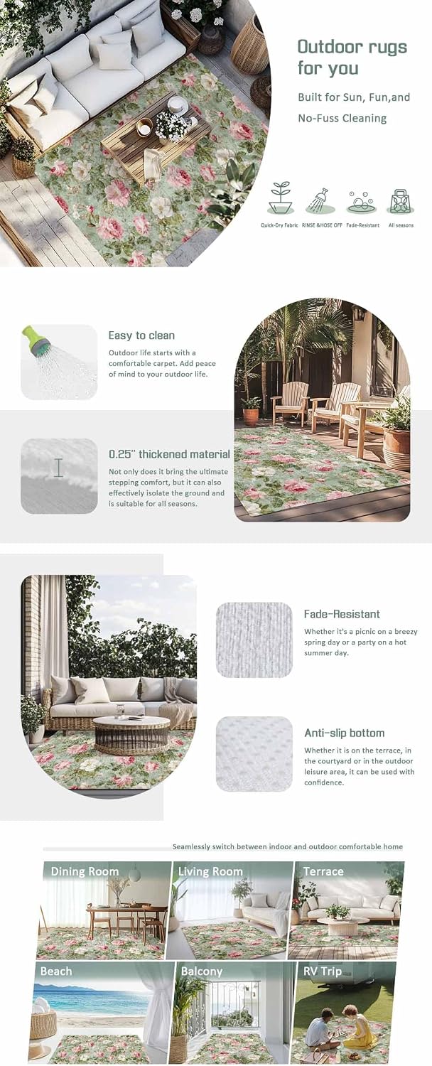 White Pink Flower Outdoor Rug for Patio/Deck/Porch, Non-Slip Large Area Rug 6 x 9 Ft, Shabby Chic Spring Vintage Leaf Green Indoor Outdoor Rugs Washable Area Rugs, Reversible Camping Rug Carpet Runner