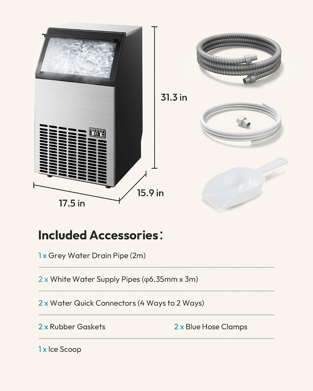 EUHOMY Commercial Ice Maker Machine - 100lbs Daily Production, 33lbs Ice Storage, Stainless Steel Freestanding & Under Counter Ice Maker, Ideal Ice Maker for Home/Bar/Restaurant/Outdoor Activities