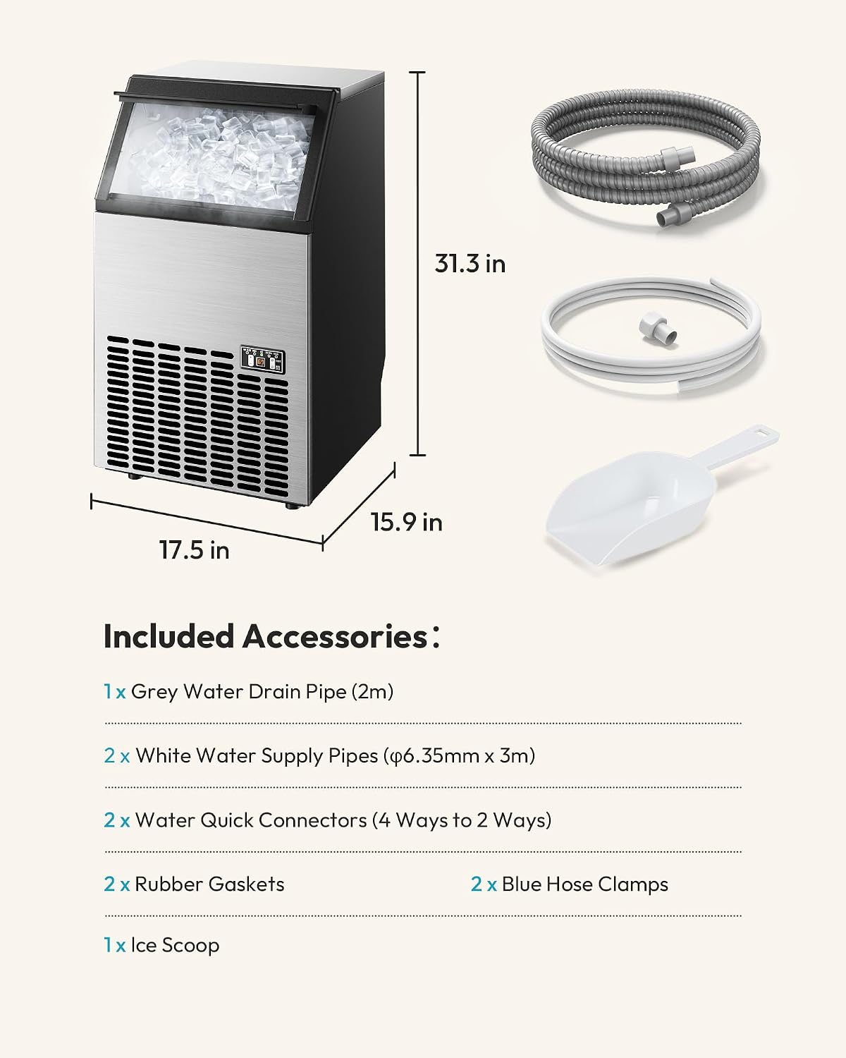 EUHOMY Commercial Ice Maker Machine - 100lbs Daily Production, 33lbs Ice Storage, Stainless Steel Freestanding & Under Counter Ice Maker, Ideal Ice Maker for Home/Bar/Restaurant/Outdoor Activities