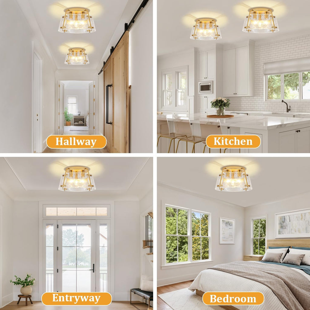Gold Semi Flush Mount Ceiling Light, Modern Hallway Light Fixtures with Thick Hammered Glass, 3-Light Kitchen Ceiling Lights for Entryway Bedroom Foyer Laundry Bathroom Dining Room