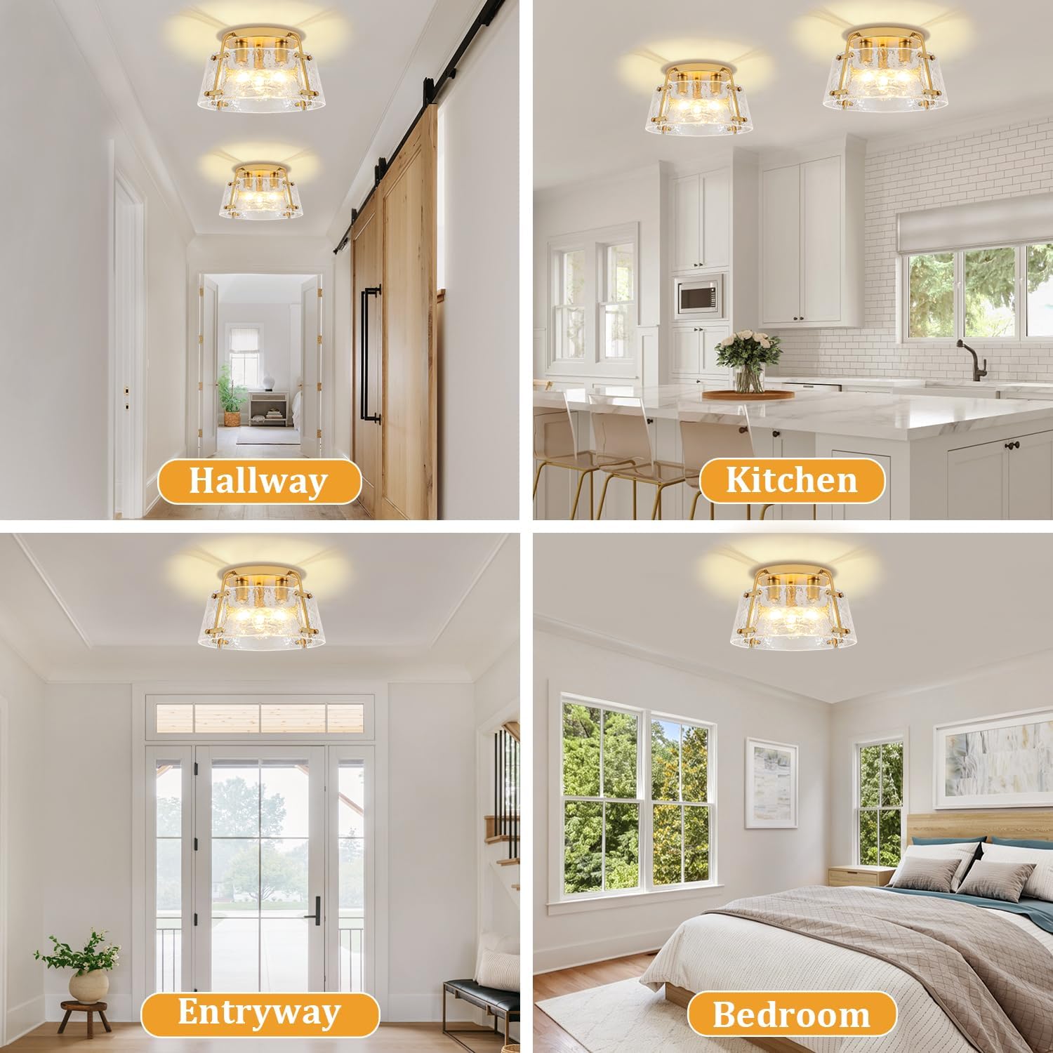 Gold Semi Flush Mount Ceiling Light, Modern Hallway Light Fixtures with Thick Hammered Glass, 3-Light Kitchen Ceiling Lights for Entryway Bedroom Foyer Laundry Bathroom Dining Room