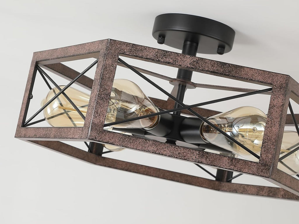 6-Light Large Rustic Farmhouse Metal Flush Mount Ceiling Light Fixture 18 inch Antique Oak Hexagon Cage Semi Flush Mount Ceiling Light for Hallway Entry Dining Farmhouse Bedroom Living Room, Black