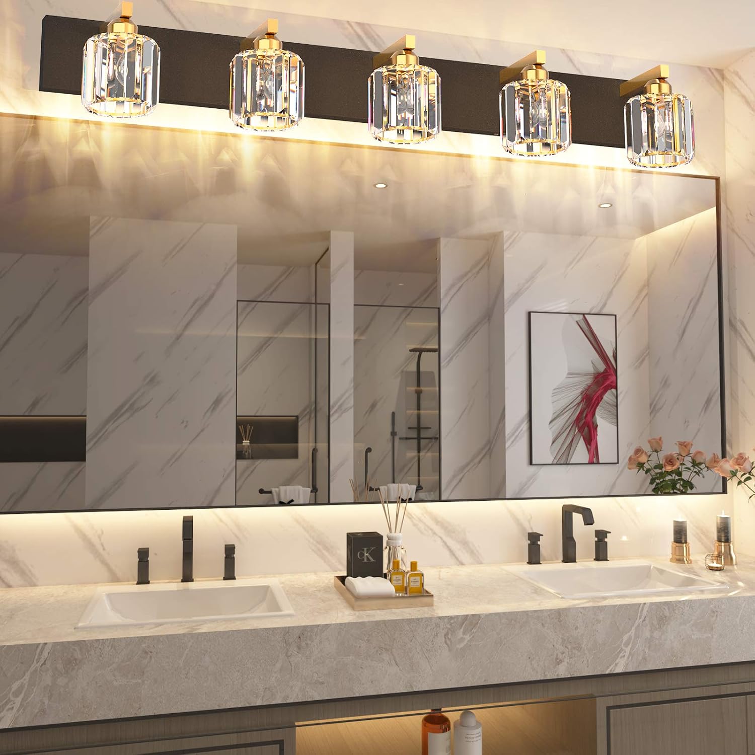 Aipsun Crystal Bathroom Vanity Light Black Vanity Lighting fixtures 5 Lights Crystal Vanity Light for Bathroom(Exclude Bulb)