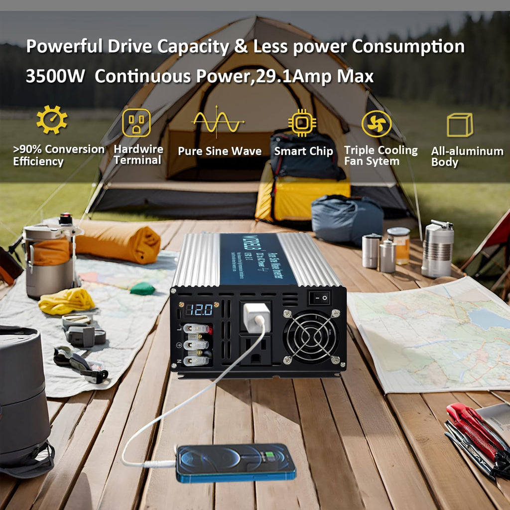 WZRELB 3500W Pure Sine Wave Inverter 12V DC to 110V 120V AC with LED Display,Remote Controller,Off-Grid Power Converter 7000W Surge with Dual AC Outlets, Hardwire Terminal for Home, RV, Truck, Camping