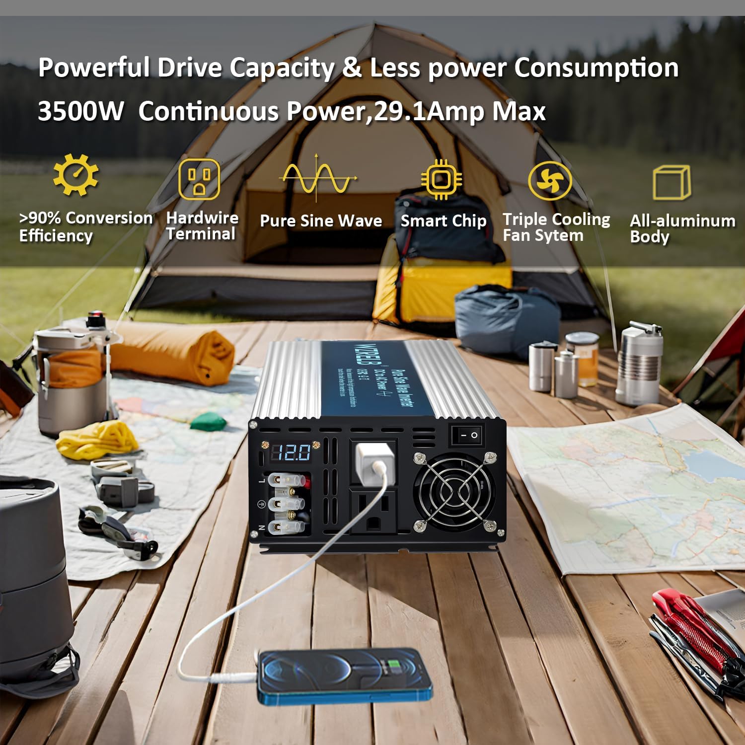 WZRELB 3500W Pure Sine Wave Inverter 12V DC to 110V 120V AC with LED Display,Remote Controller,Off-Grid Power Converter 7000W Surge with Dual AC Outlets, Hardwire Terminal for Home, RV, Truck, Camping