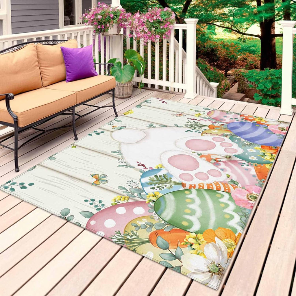 Easter Outdoor Rug for Patio/Deck/Porch, Non-Slip Large Area Rug 6 x 9 Ft, Spring Rabbit Ears Foot Colorful Eggs Leaf Floral Indoor Outdoor Rugs Washable Area Rugs, Camping Rug Carpet Runner