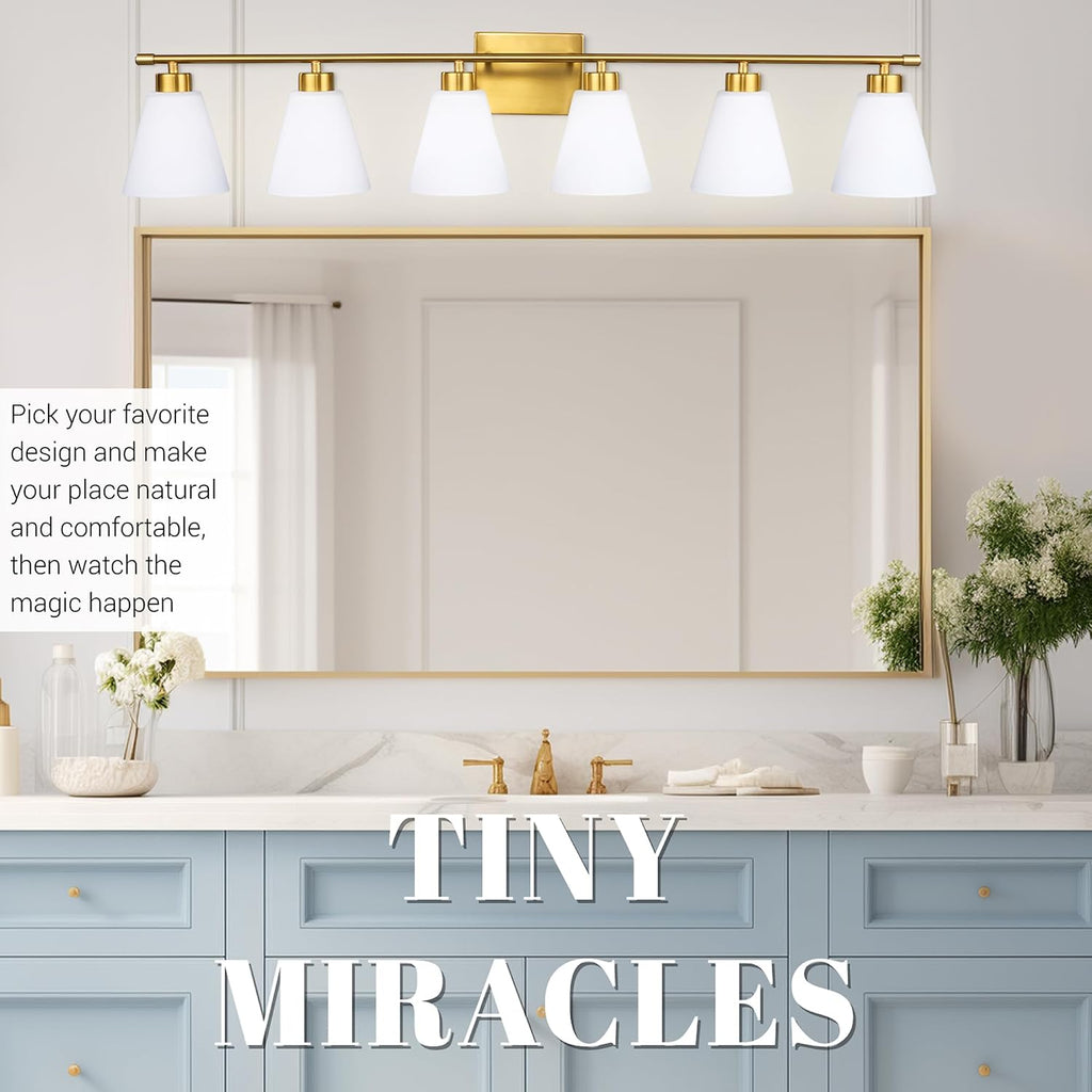 Hamilyeah 6 Light Bathroom Vanity Light Gold, 45 inch Gold Bathroom Vanity Lighting Fixtures Over Mirror with Milk Glass Shade, 6 Bulb Light Fixtures Over Mirror
