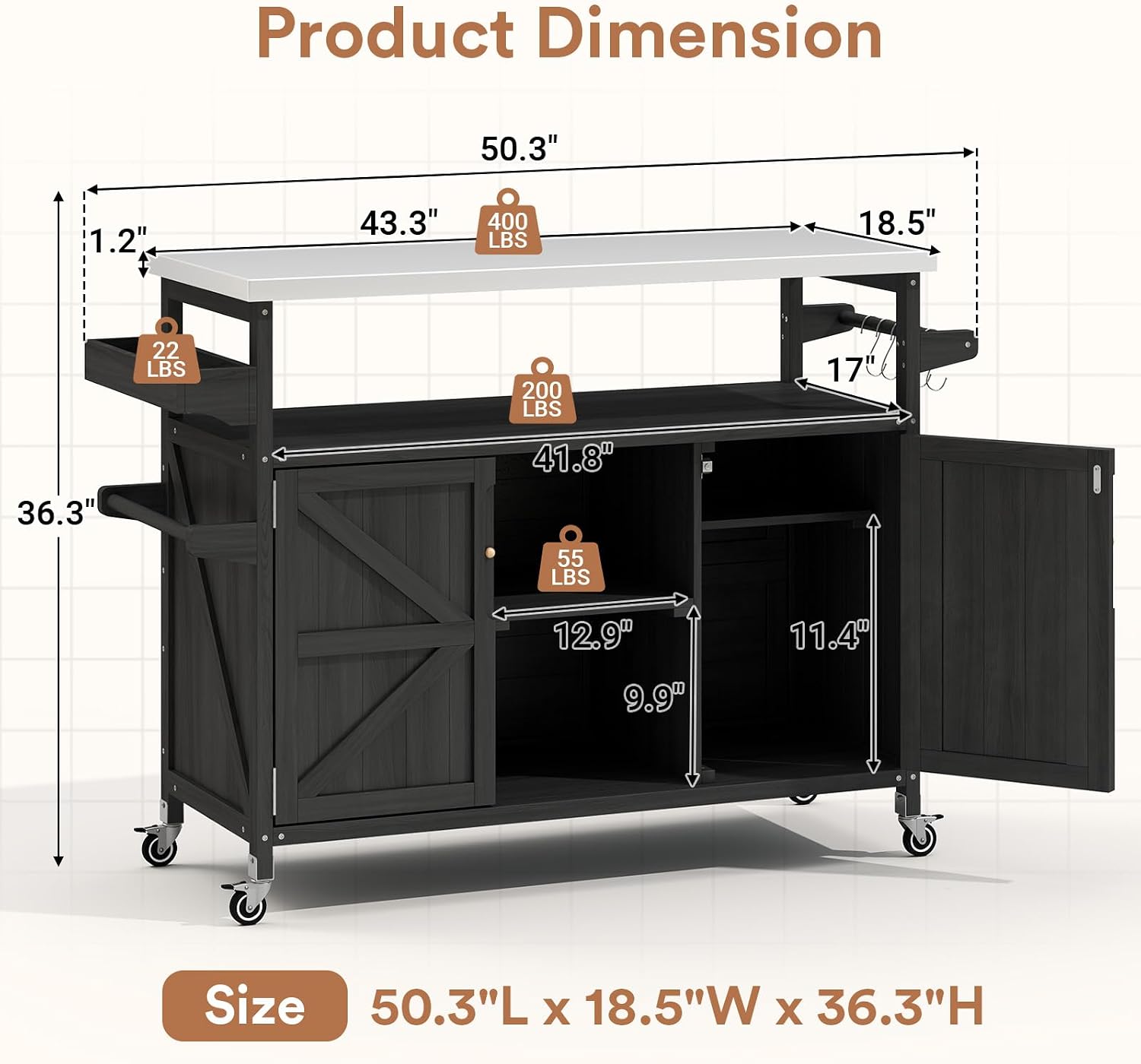 Zevemomo Outdoor Grill Cart, Stainless Steel Tabletop Outdoor Kitchen Island, Solid Wood Outdoor Buffet Cabinet with Lockable Wheels for Grilling, Black