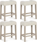 NAFORT Counter Height Saddle Stool Set of 4, Wooden Upholstered Stools Set with Rubber Wood Legs, High-Density Sponge Cushion, Non-Slip Pads, Backless Saddle Chair for Living Room, Kitchen, Pub, Beige