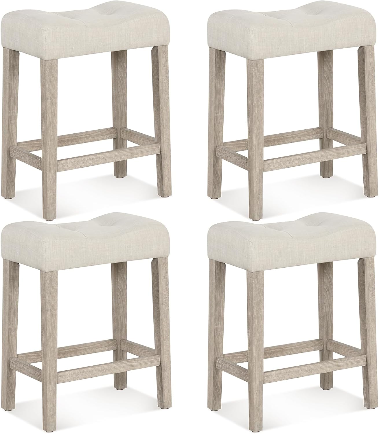 NAFORT Counter Height Saddle Stool Set of 4, Wooden Upholstered Stools Set with Rubber Wood Legs, High-Density Sponge Cushion, Non-Slip Pads, Backless Saddle Chair for Living Room, Kitchen, Pub, Beige