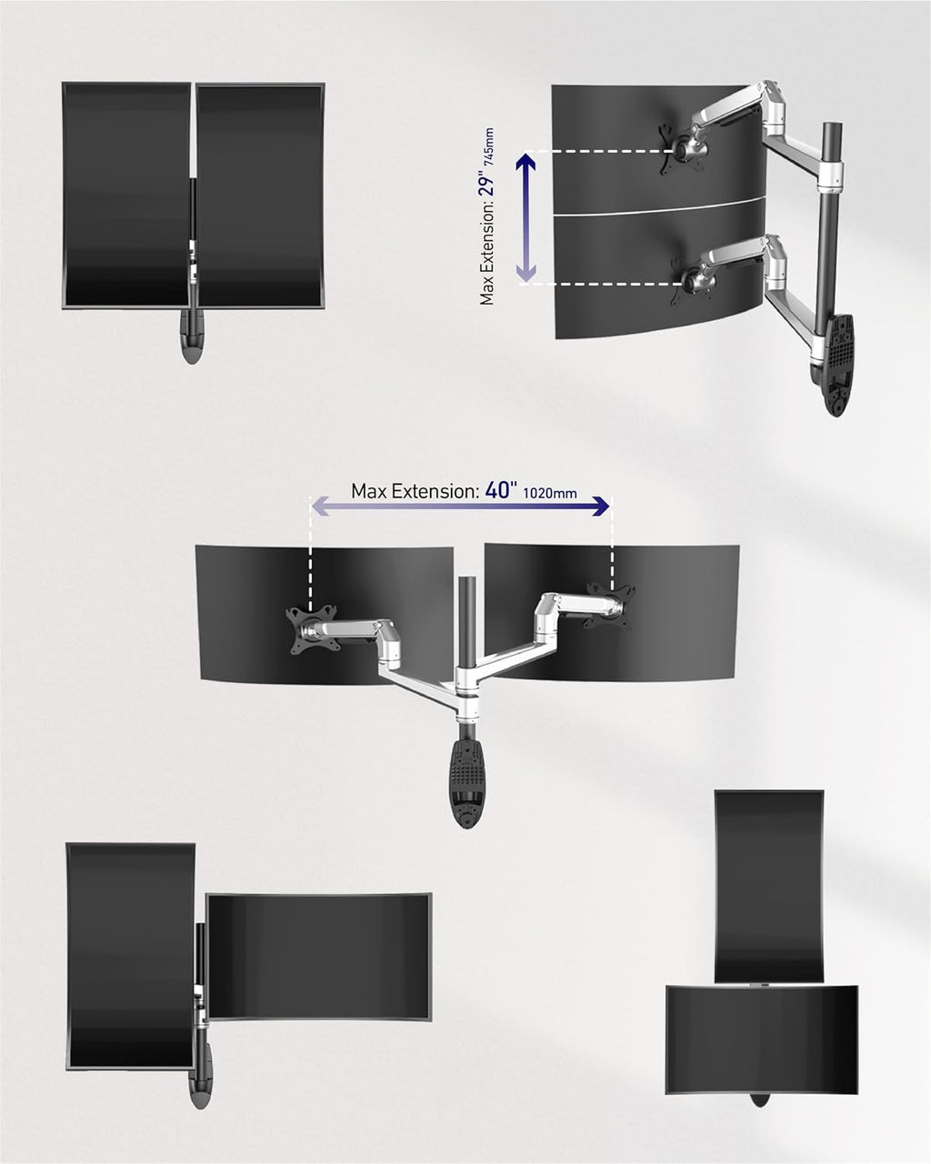 Ergounion Dual Monitor Wall Mount for Flat or Curved Screens up to 38' Within 25 lbs, Adjustable Monitor Arm with Cable Management, VESA 75x75/100x100mm Monitor Mount for 2 Monitors, Silver