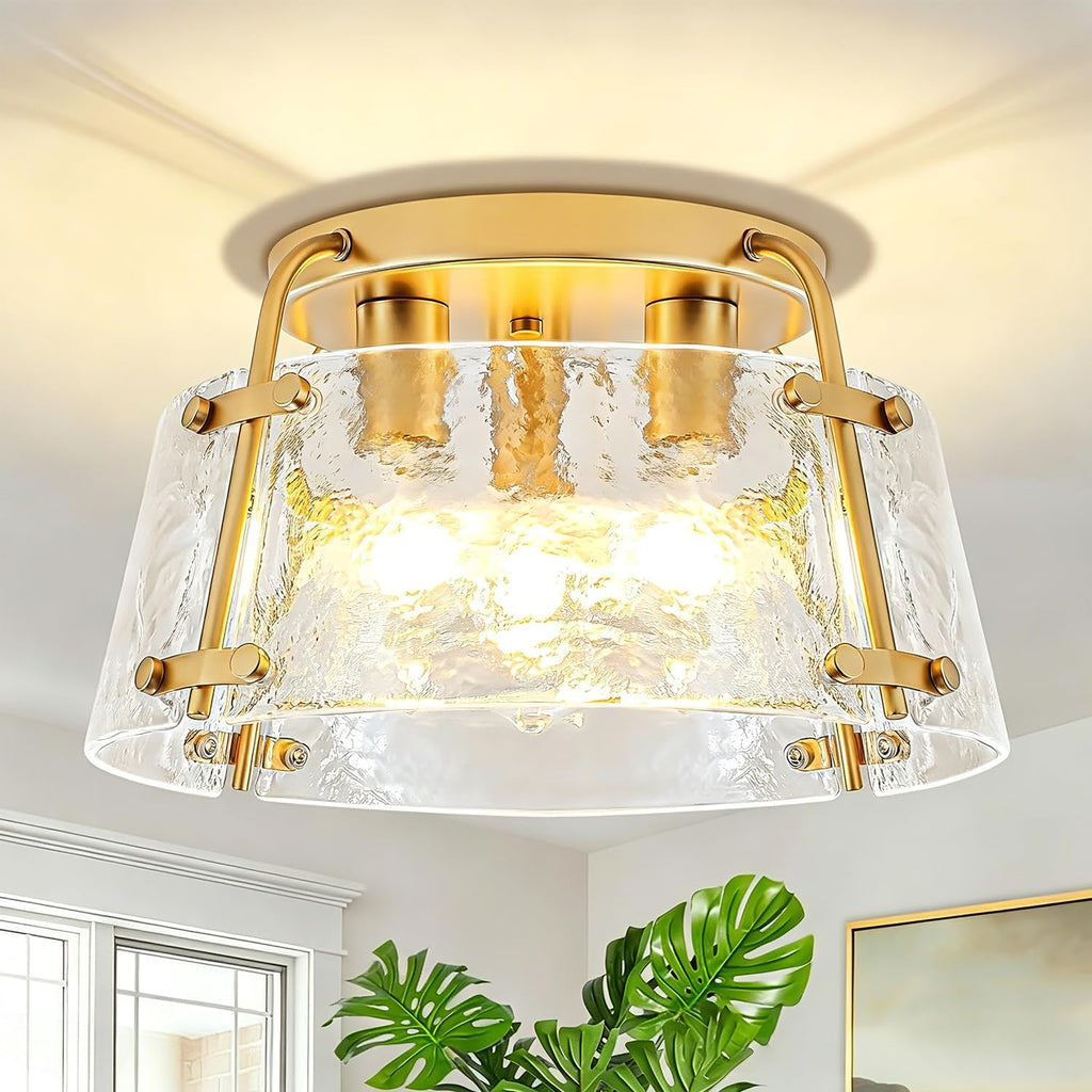 Gold Semi Flush Mount Ceiling Light, Modern Hallway Light Fixtures with Thick Hammered Glass, 3-Light Kitchen Ceiling Lights for Entryway Bedroom Foyer Laundry Bathroom Dining Room