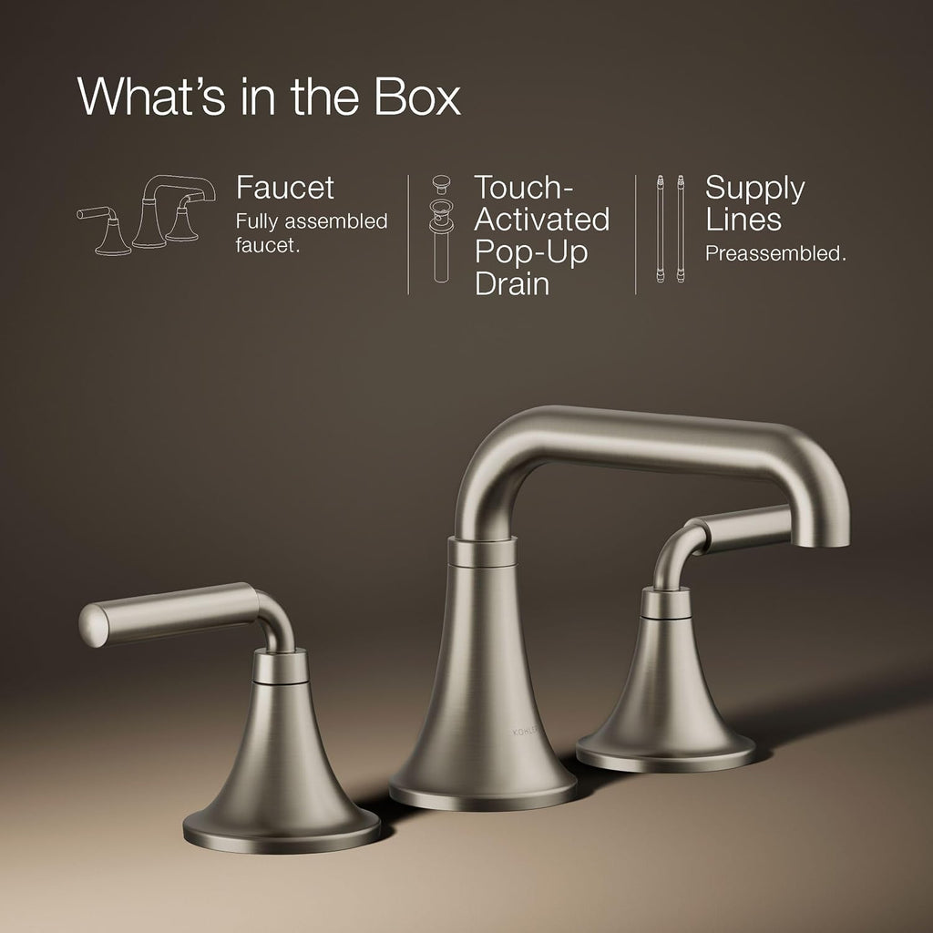 KOHLER K-27416-4-BN Tone™ Widespread Bathroom Sink Faucet, 3-Hole, Widespread Bathroom Faucets with Two Lever Handles and Clicker Drain, 1.2 GPM, Vibrant Brushed Nickel
