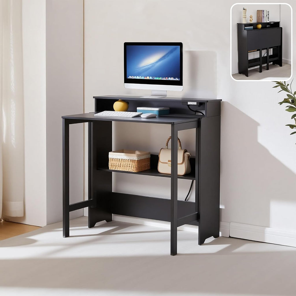 Folding Desk with Charging Station,Fold Out Desk with Monitor Stand,Storage Shelf,Small Foldable Computer Desk for Compact Home Office Spaces (Black)
