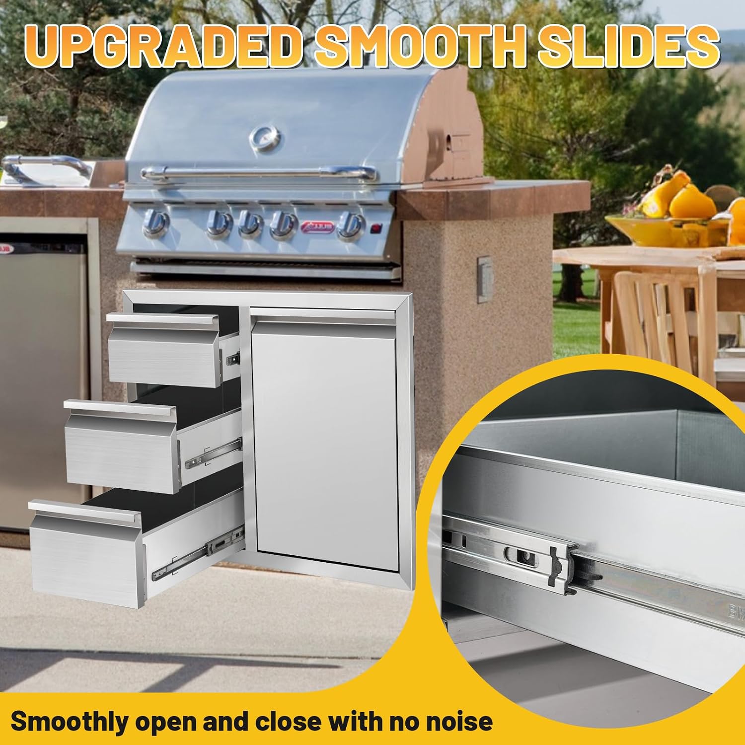 Outdoor Kitchen Drawer Combo Cabinet Stainless Steel Triple Drawers & Trash Drawer with 2 Trash Cans, 28' W x 22' H x 19.5' D Outdoor Kitchen Cabinets for BBQ Grill Station