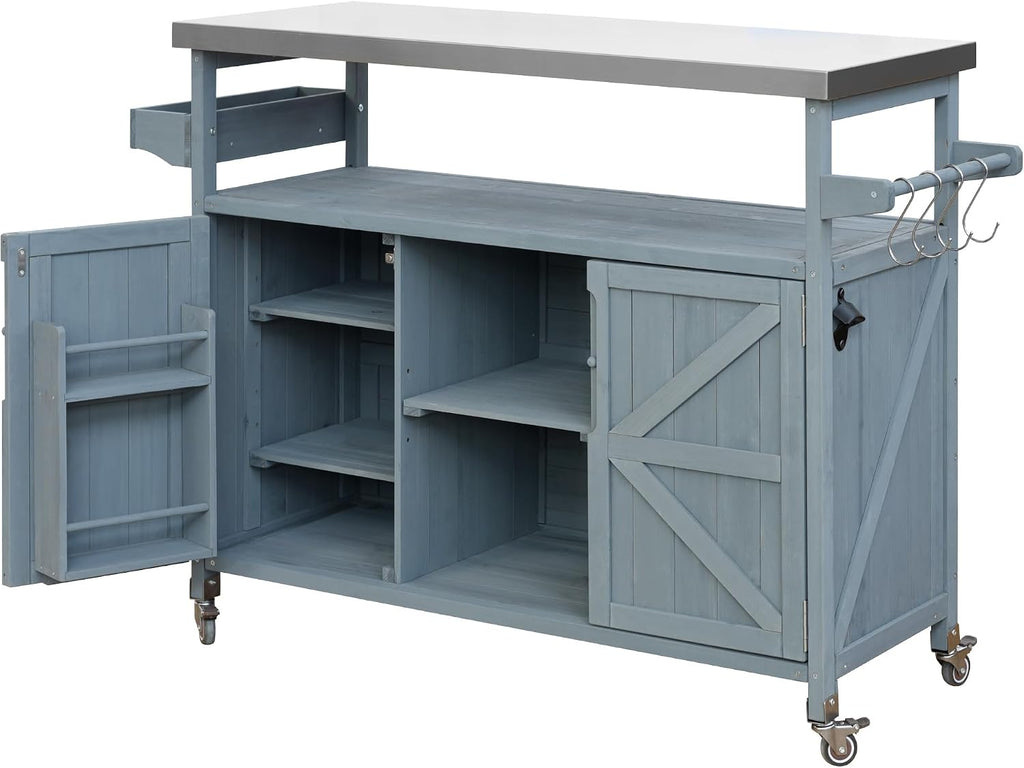 Ball & Cast Outdoor Kitchen Island,Rolling Bar Cart & Storage Cabinet,Farmhouse Solid Wood Outdoor Grill Table with Stainless Steel Top,Spice and Towel Rack,for Kitchen,Barbecue,Grey+Blue,50.25'