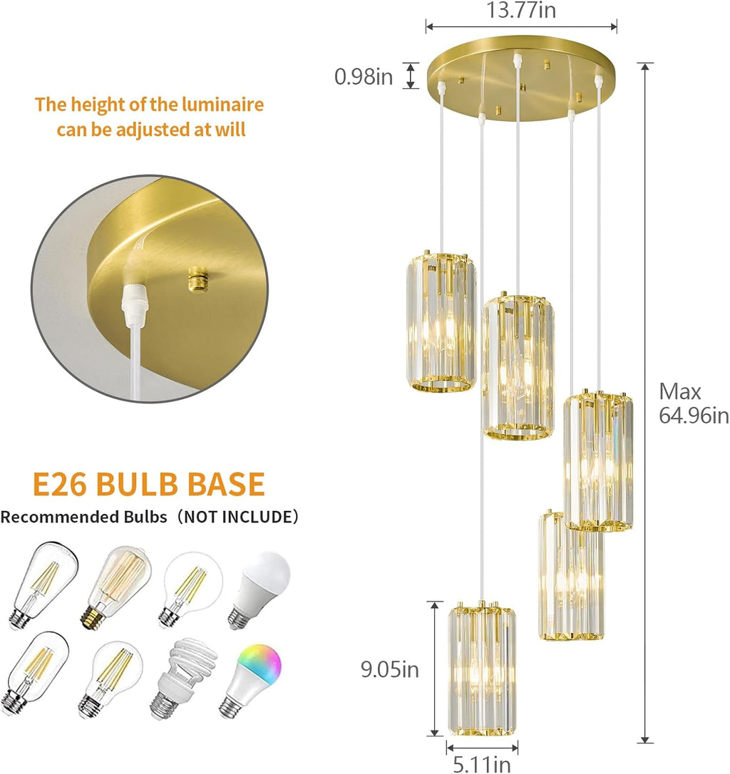 Gold Pendant Lighting Modern Pendant Light, Mini Crystal Chandeliers,Adjustable Pendant Light Fixture for Kitchen Island Dinning Room Corridor Bedroom(Gold 5-Light)