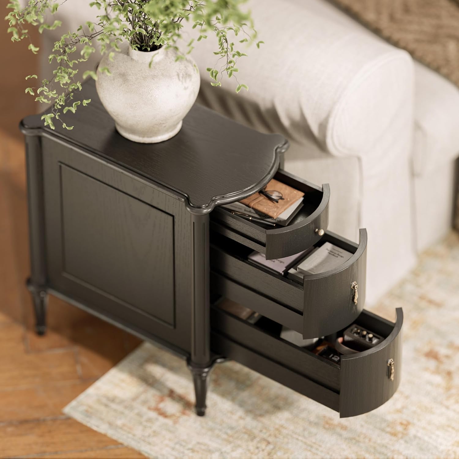 STO'SENSE Nightstand w/Charging Station & 3 Drawers, Pre-Assembled, Vintage Side Table w/Antique-Finished Pulls, Rustic Wood Finish, Narrow End Table w/Turned Legs for Bedroom (1, Black)