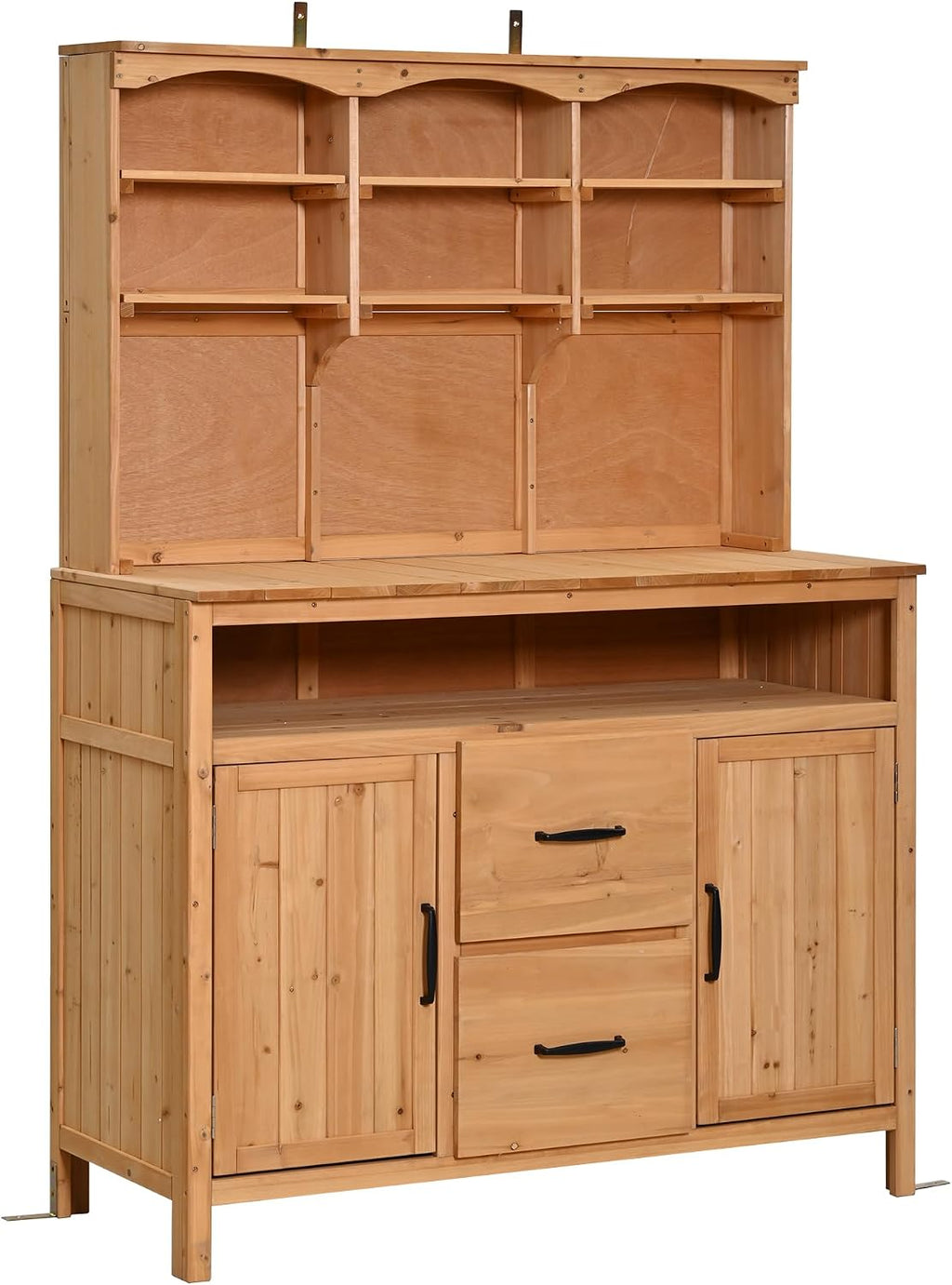 45.3''L Large Fir Wood Potting Bench, Counter Height Outdoor Patio Kitchen Island with Large Countertop, Hutch, Cabinets, Drawers & Hooks, Adjustable Shelf, Wavy Decoration Roof (Natural Wood/103)