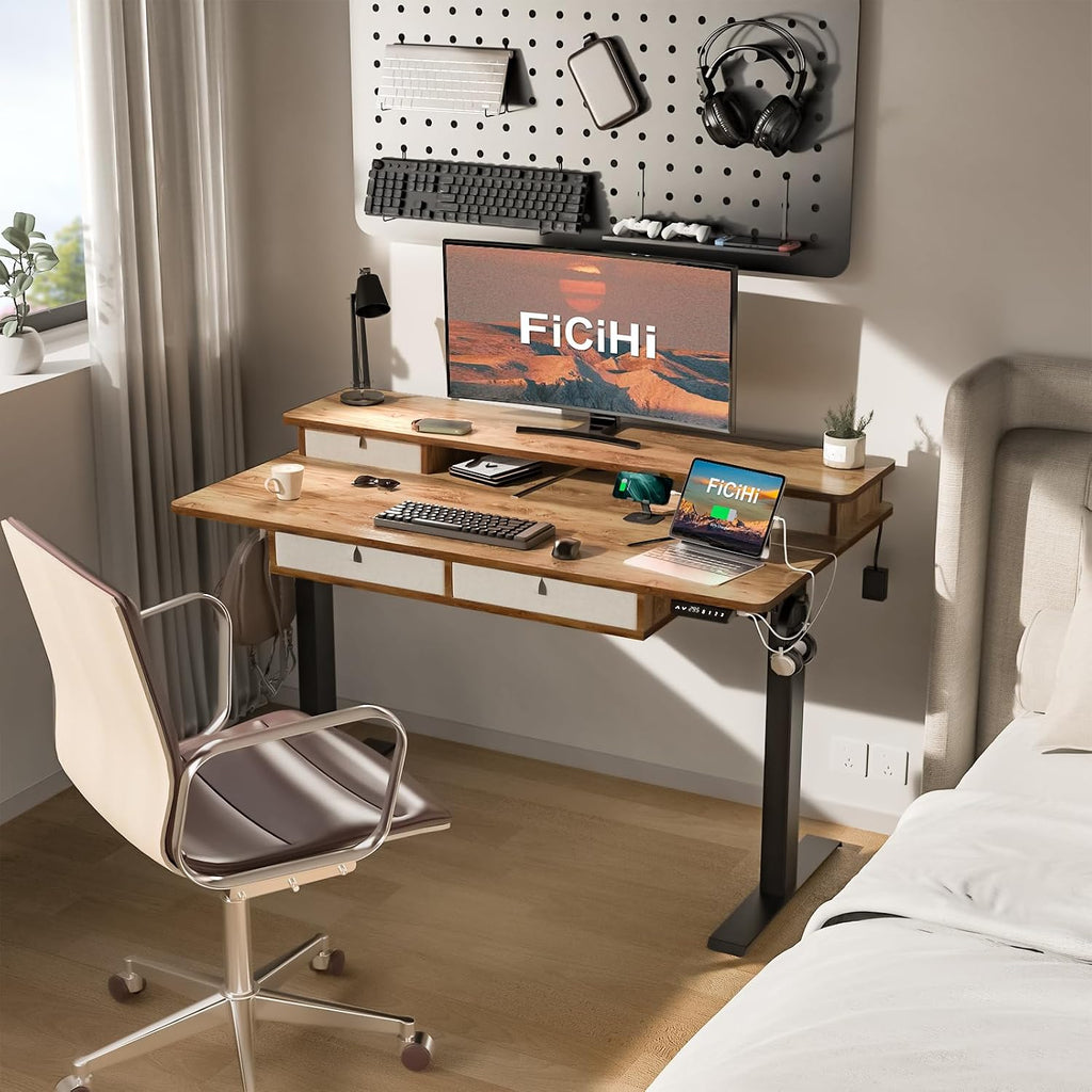 FiCiHi Adjustable Height Standing Desk with 4 Drawers,48 x 30 inches Electric Sit Stand Home Office Desk with Two Tiers, 3 Memory Presets, Monitor Stand Riser, USB A/C Charging Port