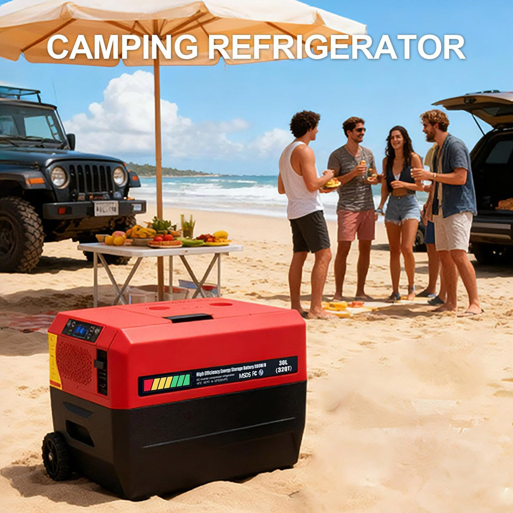 Camping Refrigerator, 32 Quart Portable Car Refrigerator, 0.8KWH Battery Powered Camping Refrigerator, 48+ Hours of Runtime, 12V DC 110-240V AC Rerigerator for Car Travel Camping Road Trip