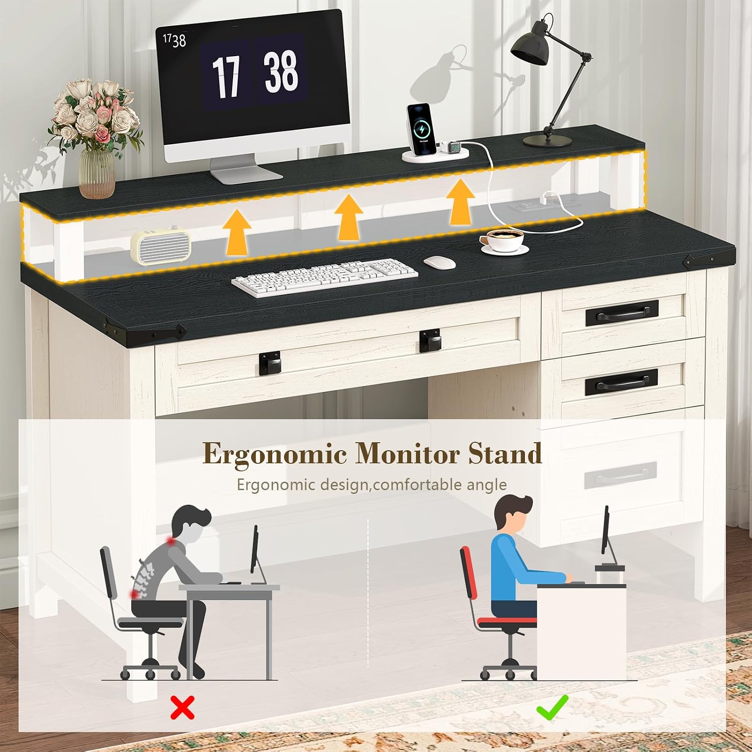 YOMILUVE Farmhouse Computer Desk with Drawers, 47' Small Computer Desk with Power Outlets, Home Office Desk with Monitor Stand & 4 Drawers, Writing Study Table, Black & White