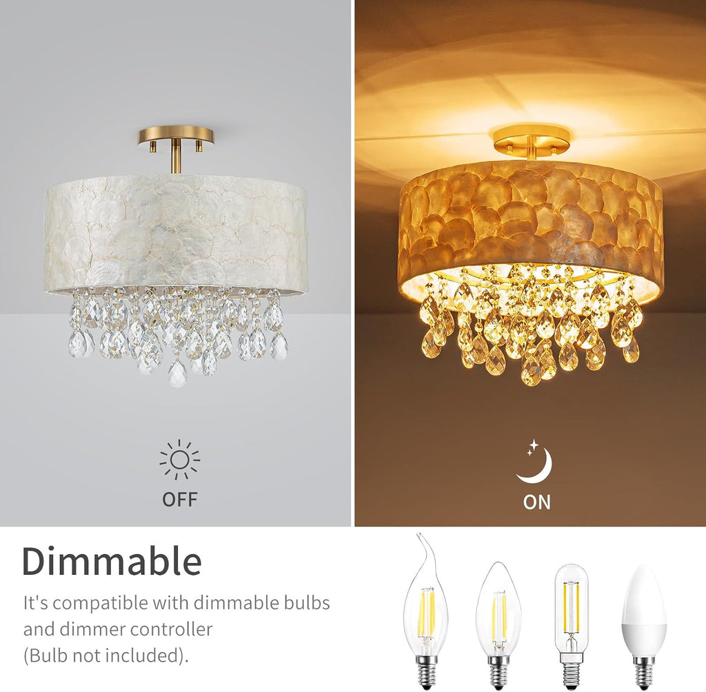 LumFurn D16in Capiz Shell K9 Crystal Drum Chandeliers, 4-Light Coastal Design Semi-Flushmount Ceiling Light Fixture for Dining Room, Kitchen & Bedroom, D16xH16in, Shell Lampshade & Brass Finish