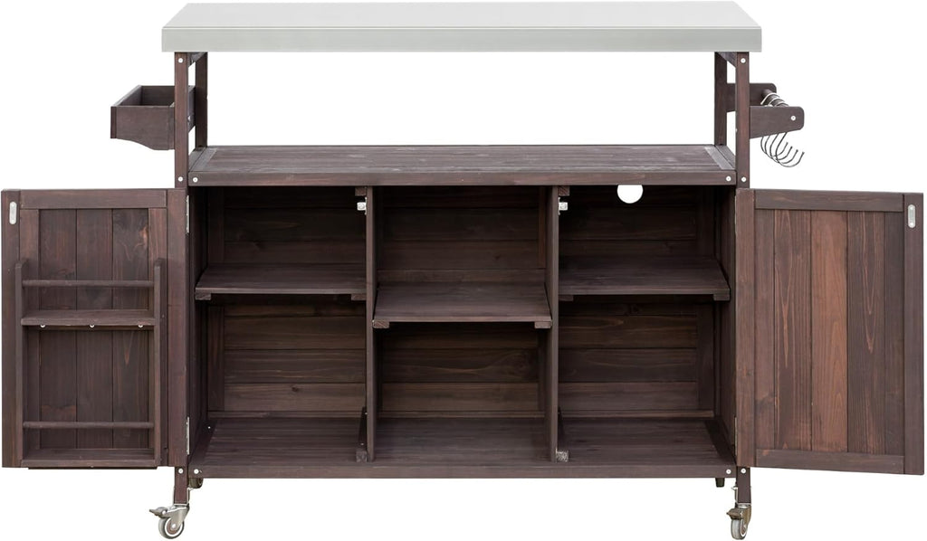 Ball & Cast Outdoor Kitchen Island,Rolling Bar Cart & Storage Cabinet,Farmhouse Solid Wood Outdoor Grill Table with Stainless Steel Top,Spice and Towel Rack,for Kitchen,Barbecue,Dark Brown,50.25'