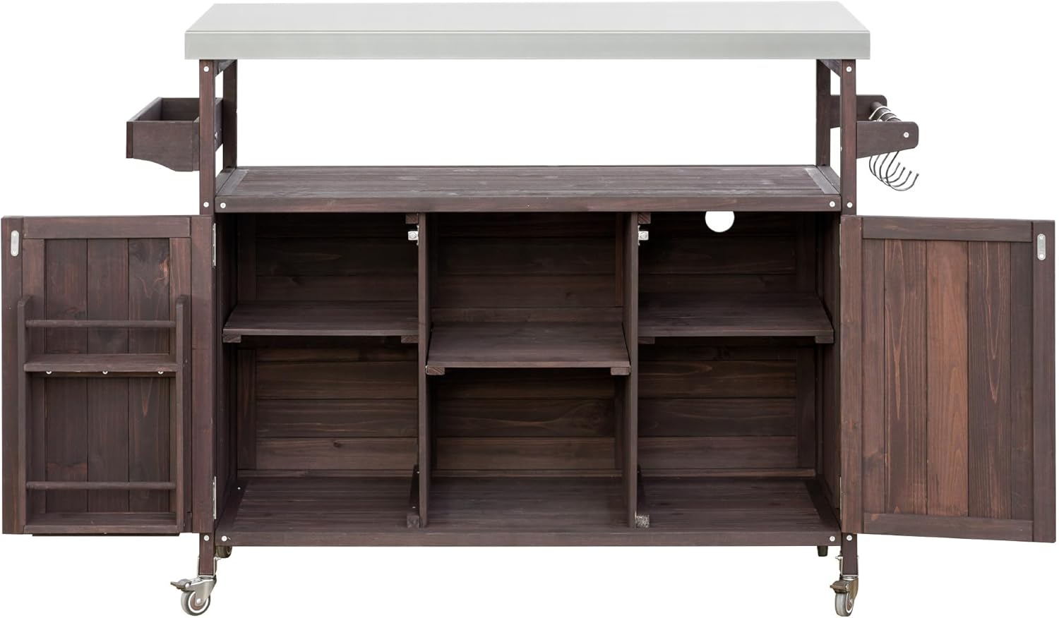 Ball & Cast Outdoor Kitchen Island,Rolling Bar Cart & Storage Cabinet,Farmhouse Solid Wood Outdoor Grill Table with Stainless Steel Top,Spice and Towel Rack,for Kitchen,Barbecue,Dark Brown,50.25'