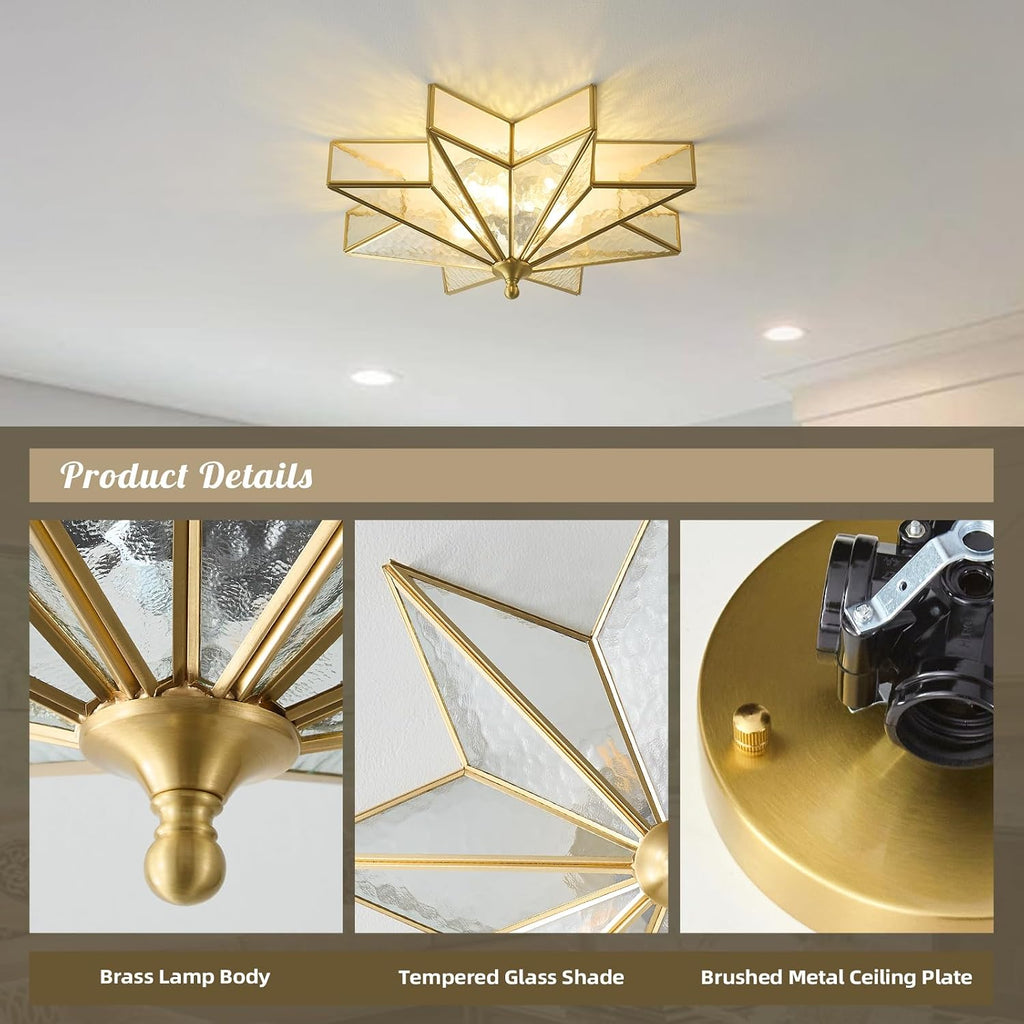 Star Brass Vintage Ceiling Light - 19.7 Inch Large Hammered Glass Antique Brushed Gold Flush Mount Fixture, Mid Century Art Deco Overhead Lighting for Kitchen Hallway Bedroom Bathroom Laundry Entryway