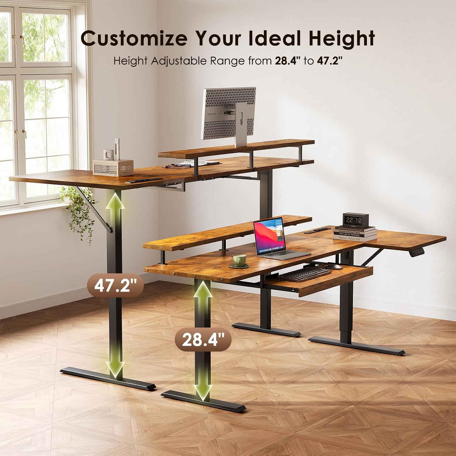 OffiGo 63 Inch Electric L Shaped Standing Desk with Keyboard Tray, Reversible Height Adjustable Corner Computer Desk with Monitor Stand, Sit Stand Up Lift Table for Home, Office, Rustic Brown