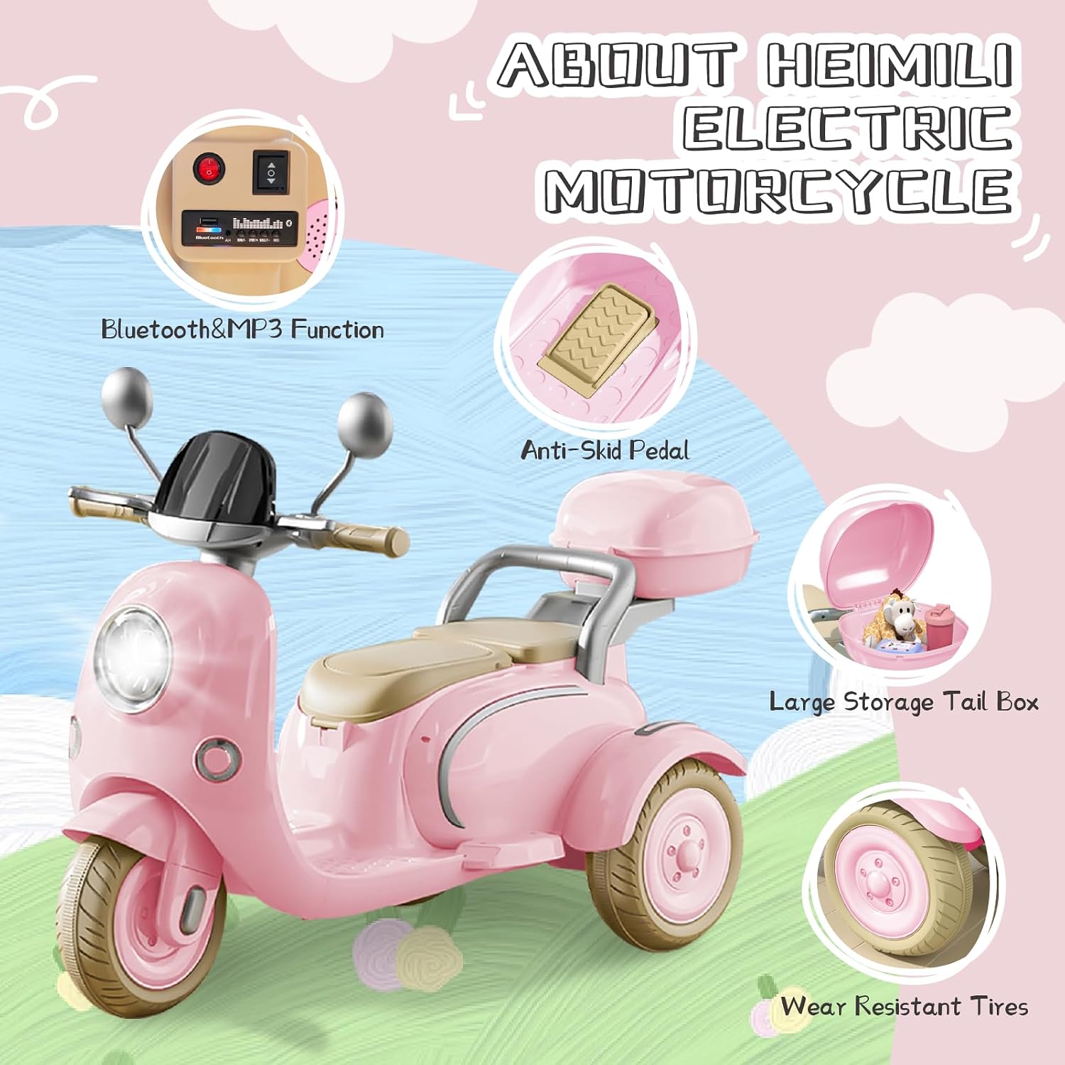 HEIMILI 12V 2-Seater Ride on Motorcycle for Kids, 3 Wheel Electric Motorbike with Dual 25W Motors, Toddler Moped Scooter with Bluetooth Music, Battery Powered Toy for Girls Boys 3-6 Years, Pink