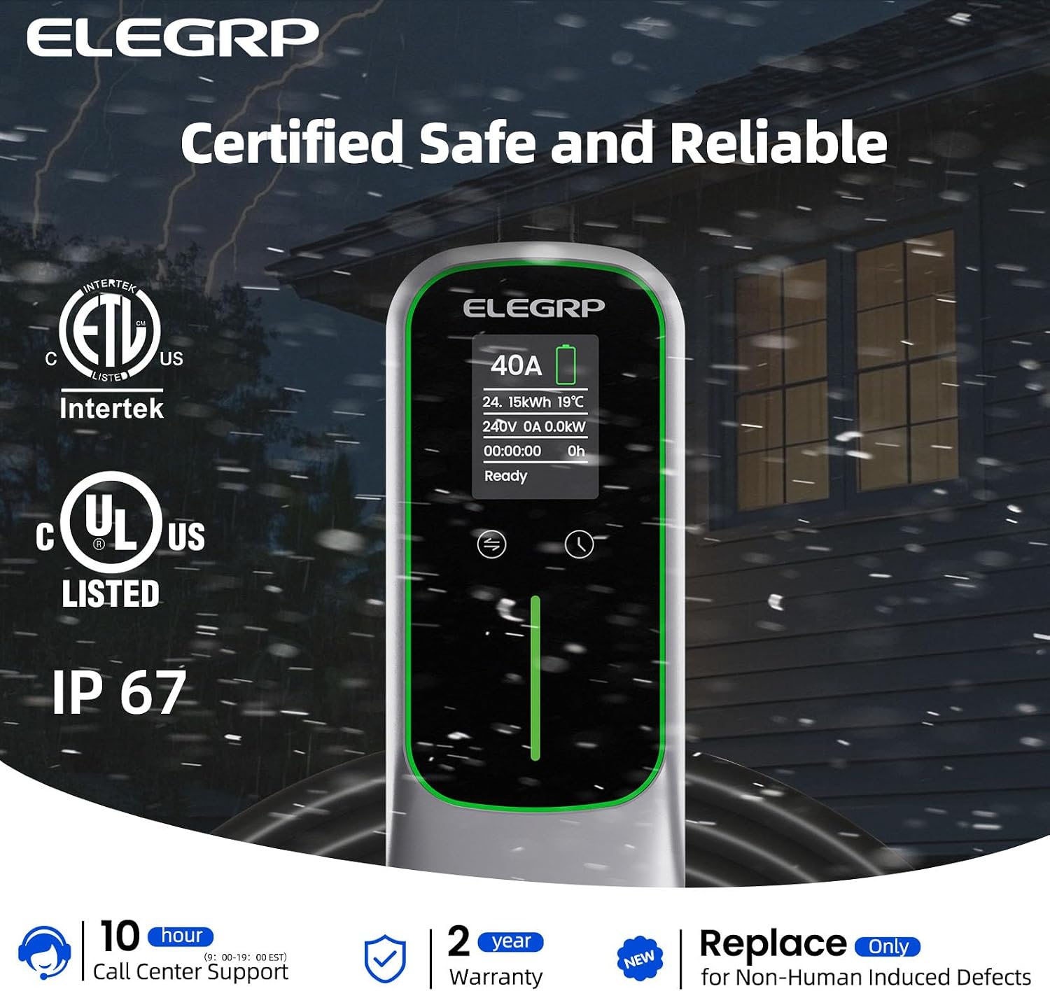 ELEGRP Level 2 EV Charger 40Amp, J1772 Portable Electric Car Charger, 240V NEMA 14-50 Plug, ETL Certified with 25FT Extension Cable
