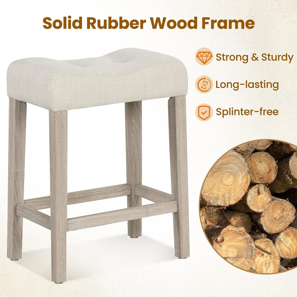 NAFORT Counter Height Saddle Stool Set of 4, Wooden Upholstered Stools Set with Rubber Wood Legs, High-Density Sponge Cushion, Non-Slip Pads, Backless Saddle Chair for Living Room, Kitchen, Pub, Beige