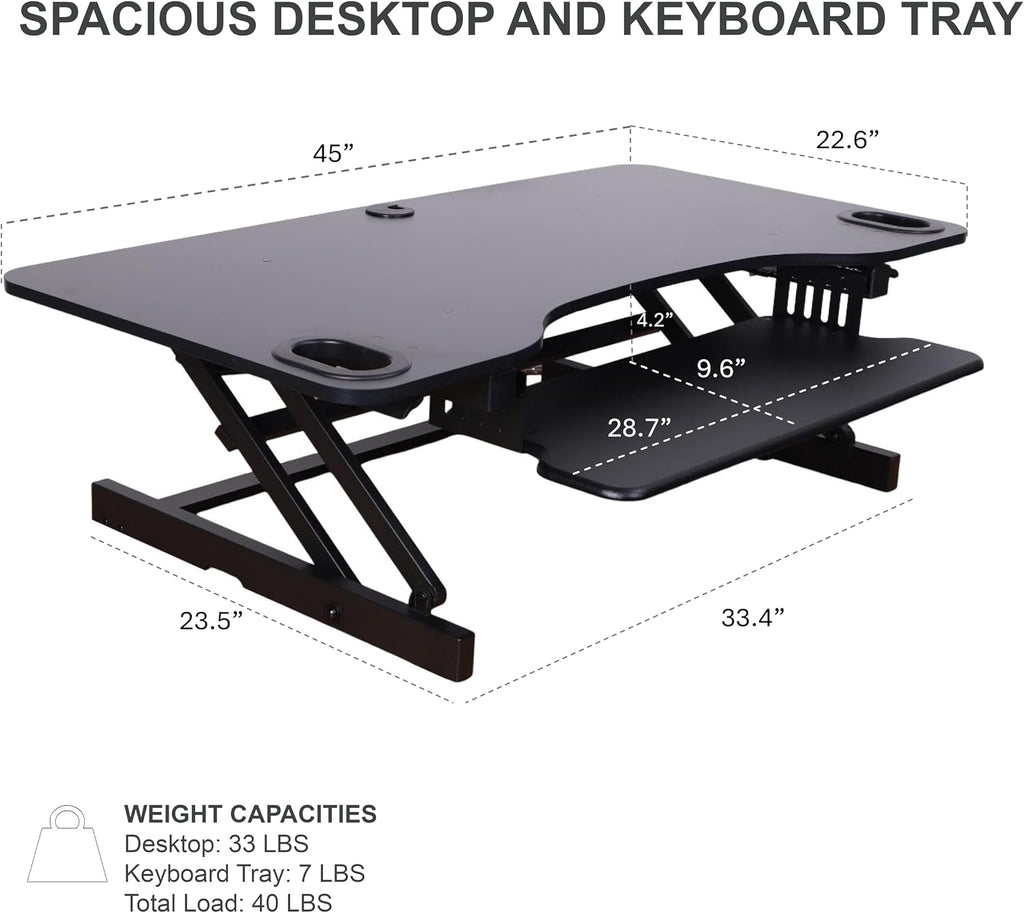 Rocelco 45' Height Adjustable Standing Desk Converter with Anti Fatigue Floor Mat and Slide Out Retractable Keyboard Tray - Sit Stand Up Triple Screen Tabletop Riser - Black (R ADRB-45-MAFM)