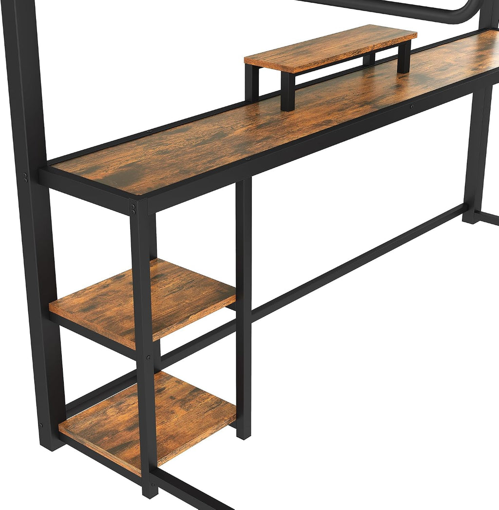 Bellemave Full Loft Bed with L-Shaped Desk and Storage Drawers, Full Size Loft Bed Frame with Computer Monitor Stand, Corner Shelf and Hanger Rod, Adults Loft Beds Nosie-Free, Black