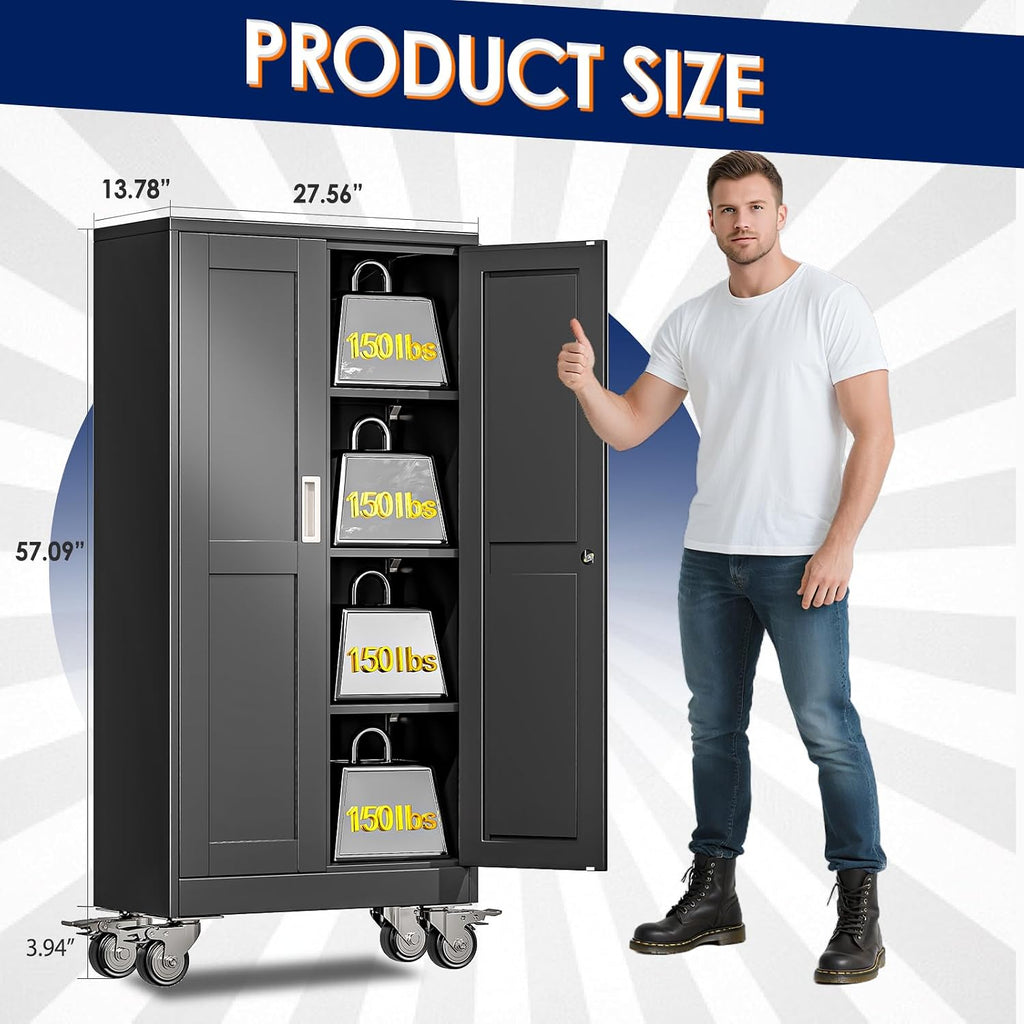 erosoei 61' H Metal Garage Storage Cabinet, Rolling Tool Cabinet with 2 Doors and Wheels, Locker Steel Cabinet with 3 Adjustable Shelves, Organization Cabinet for Garage,Office,Home,Gym,School（Black）