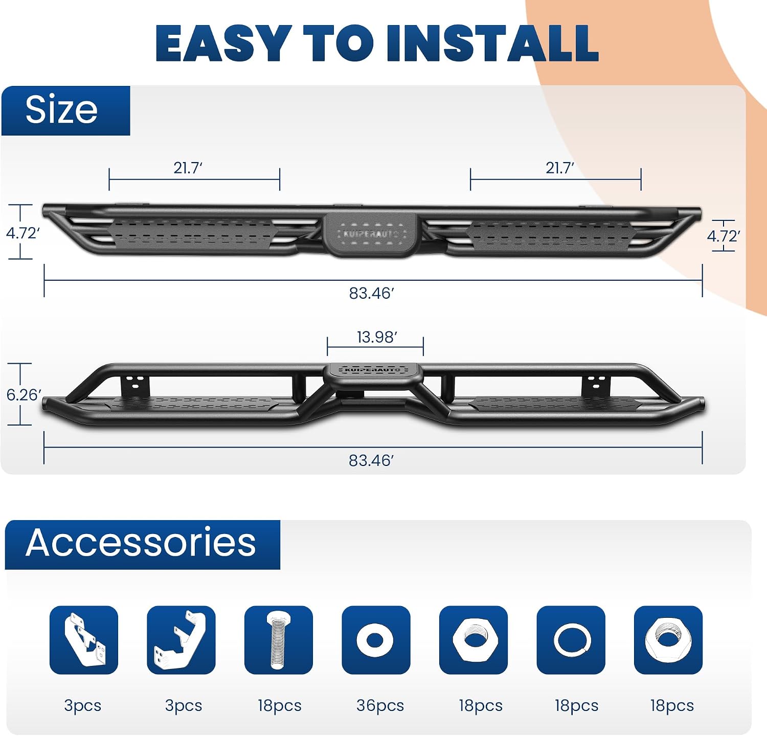 KUIPERAUTO 6inches Running Boards Side Steps Rails Compatible for 2015-2022 Ford F150 F250 Super Duty Super Crew Cab 4 Full Size Doors,Two Stairs Design Nerf Bars (Black)