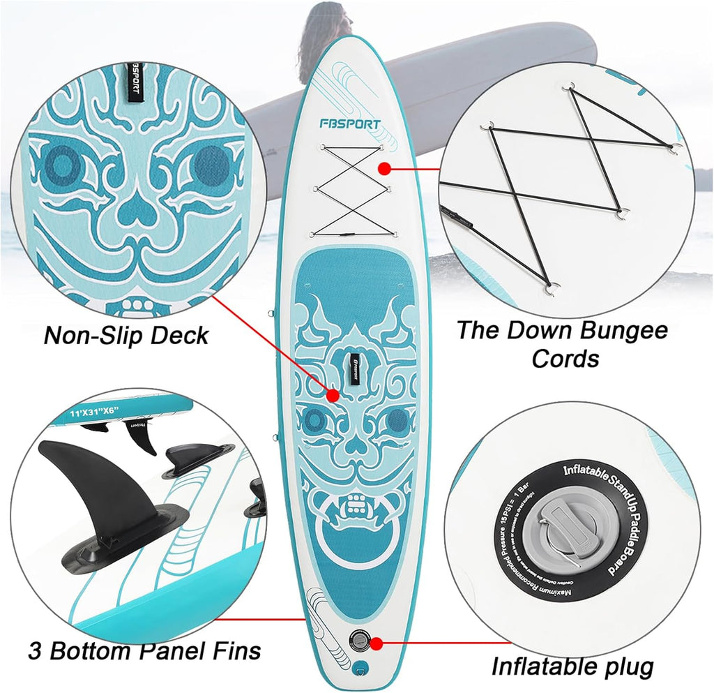 FBSPORT 11' Premium Stand Up Paddle Board, Yoga Board with SUP Accessories & Carry Bag | Wide Stance, Surf Control, Non-Slip Deck, Leash, Paddle and Pump for Youth & Adult