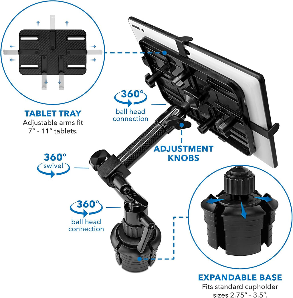 Mount-It! Carbon Fiber Cup Holder Tablet Mount Tablet Holder for Car Truck SUV, Adjustable 7–11 Inch iPad & Tablets, 18' Extension Arm, 360° Rotation, Fits 2.75'–3.5' Cupholders, ELD GPS Holder