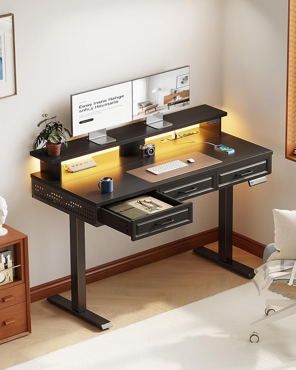 OffiGo Electric Standing Desk with 3 Wooden Drawers, 48 Inch Height Adjustable Desk with Power Outlets & LED Lights, Black Sit Stand Table with Monitor Stand for Home, Office, Workstation