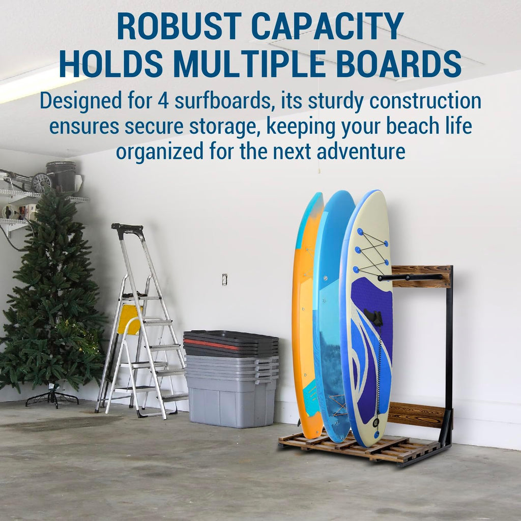 MyGift Freestanding Vertical Surfboard Storage Rack, Beach House Style Burnt Wood and Black Metal Wakeboard SUP Paddleboard Storage Stand - Holds up to 4 Boards
