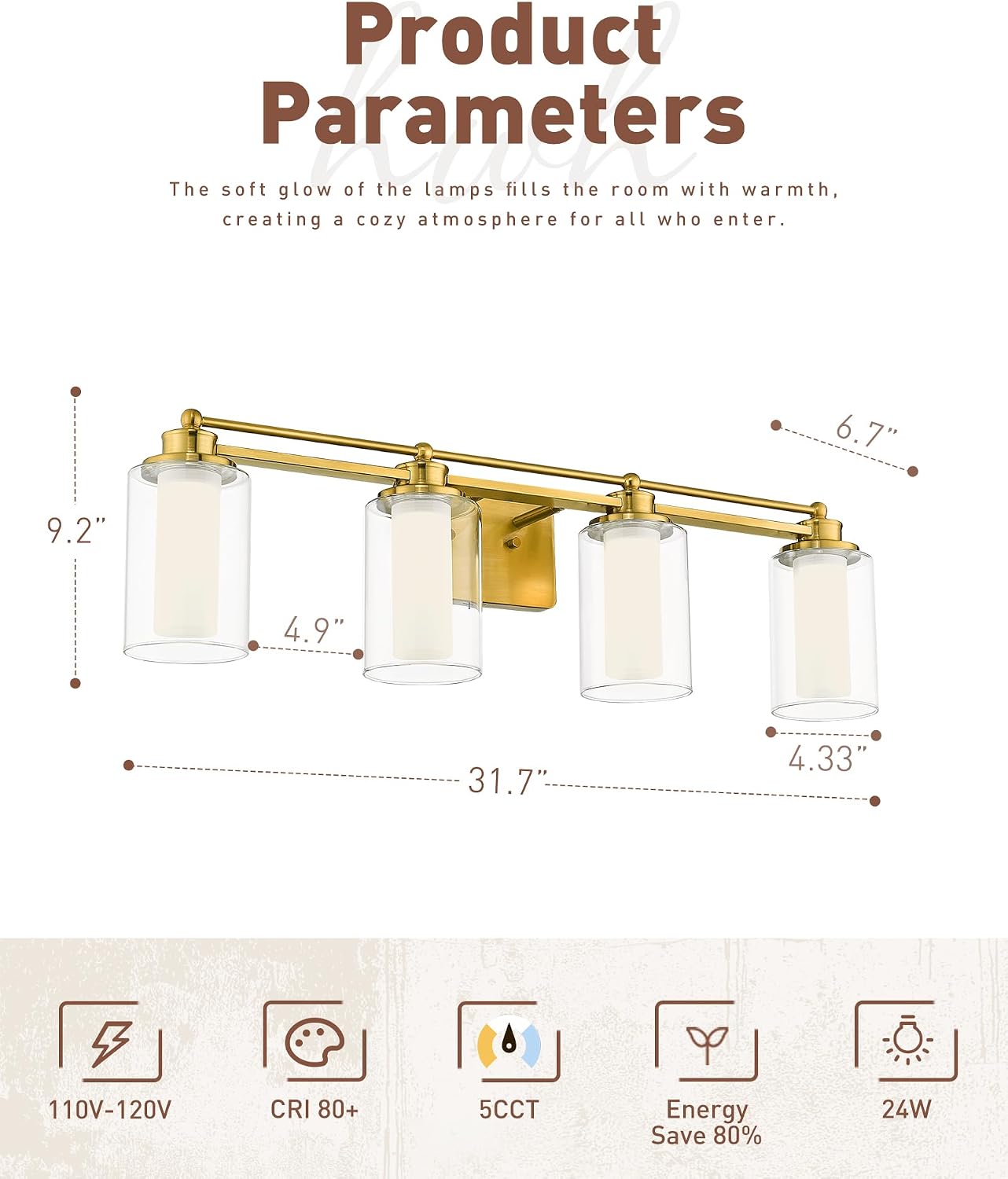 4 Light Bathroom Vanity Light, HWH Brushed Gold Vanity Lights for Bathroom, Brass Gold Wall Light Fixtures Clear Glass, Dimmable LED Vanity Lights for Mirror 24W 5CCT, 5HLT63B-4W-LED BG