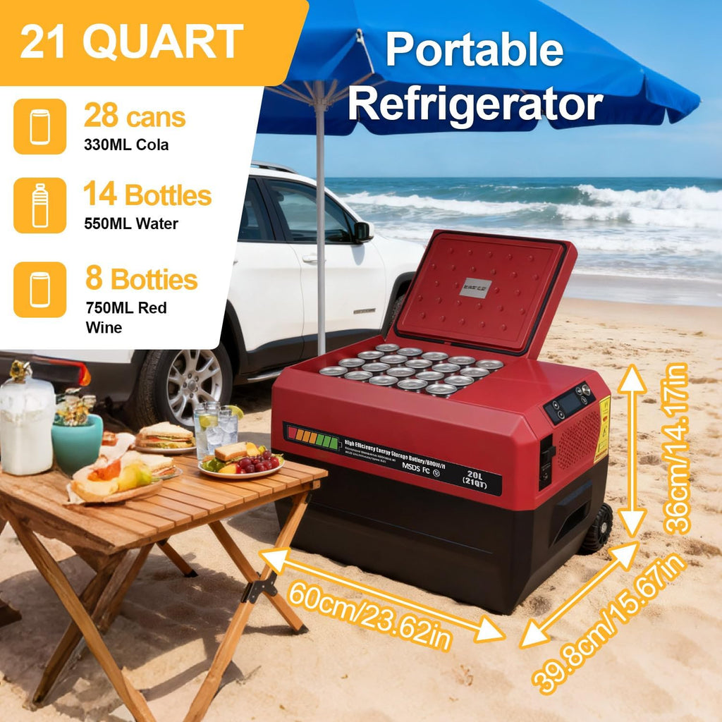 Camping Refrigerator, 21 Quart Portable Car Refrigerator, 0.8KWH Battery Powered Camping Refrigerator, 48+ Hours of Runtime, 12V DC 110-240V AC Rerigerator for Car Travel Camping Road Trip