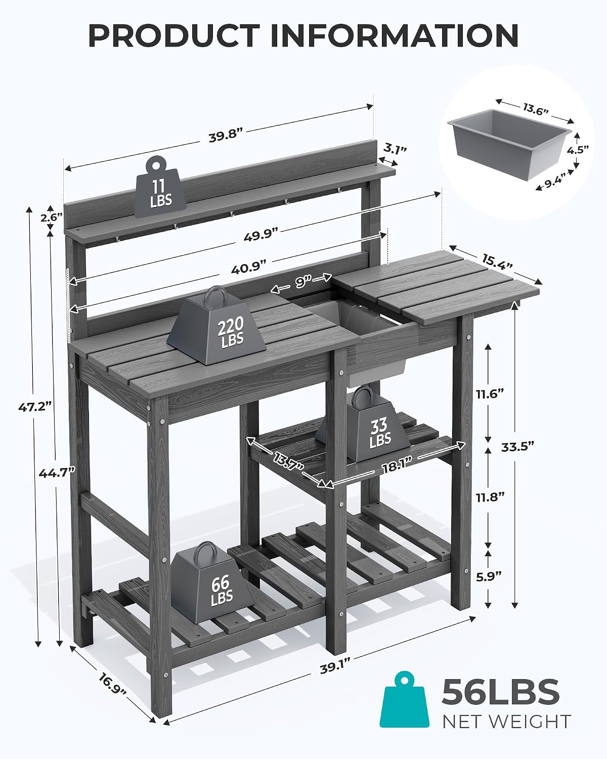 SERWALL Outdoor Potting Bench with Removeable Sink,Rot-Resistant HDPE Potting Table for Outside Gardening, All Weather Use - Gray
